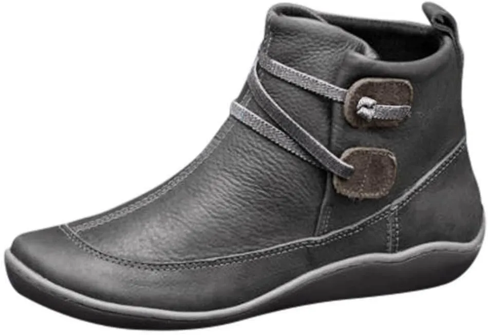 Women's Ankle Booties Fashion Arch Support Flat Heel Boots Vintage Leather Side Zip up Booties with Fall Winter