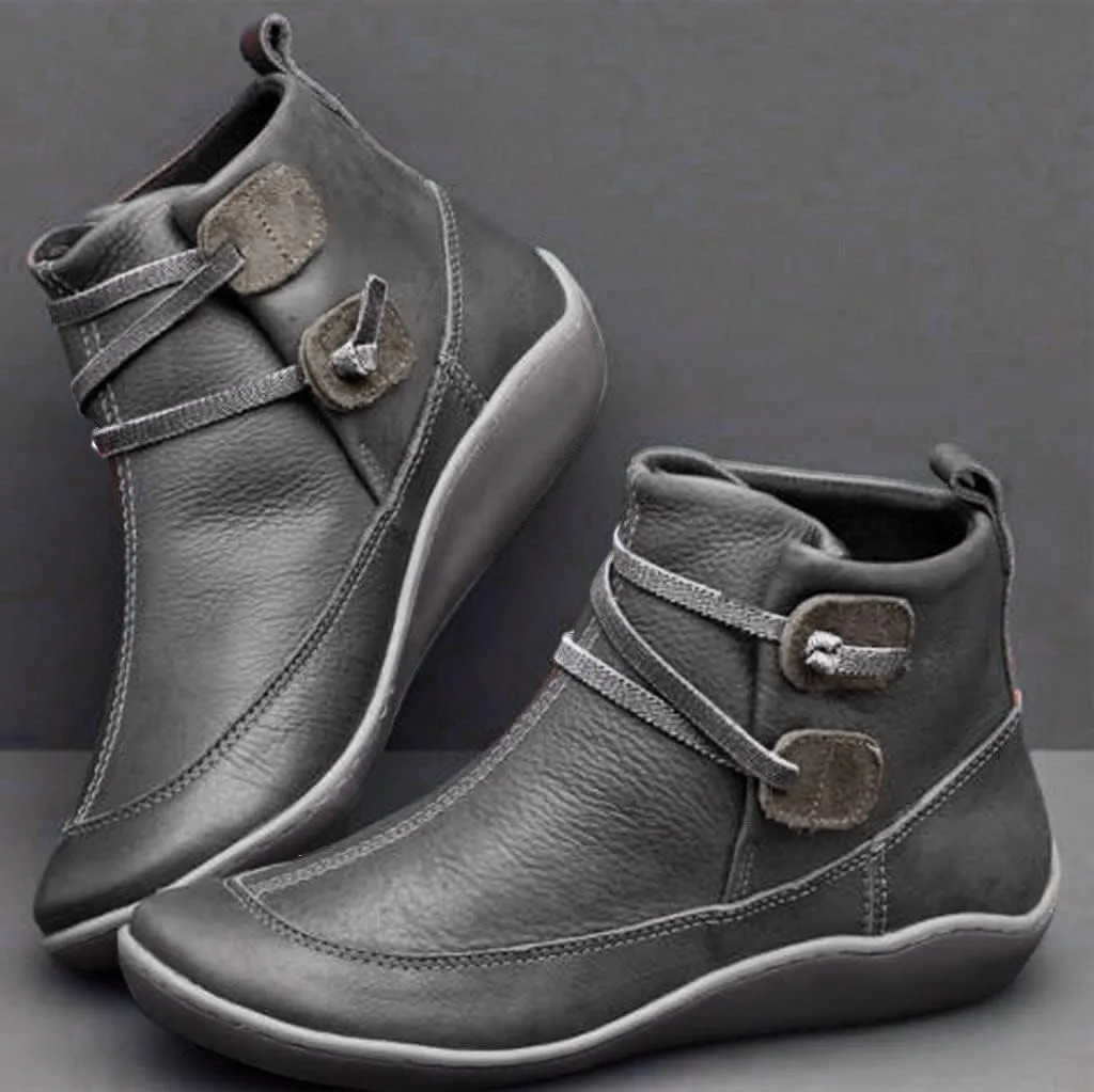 Women's Ankle Booties Fashion Arch Support Flat Heel Boots Vintage Leather Side Zip up Booties with Fall Winter