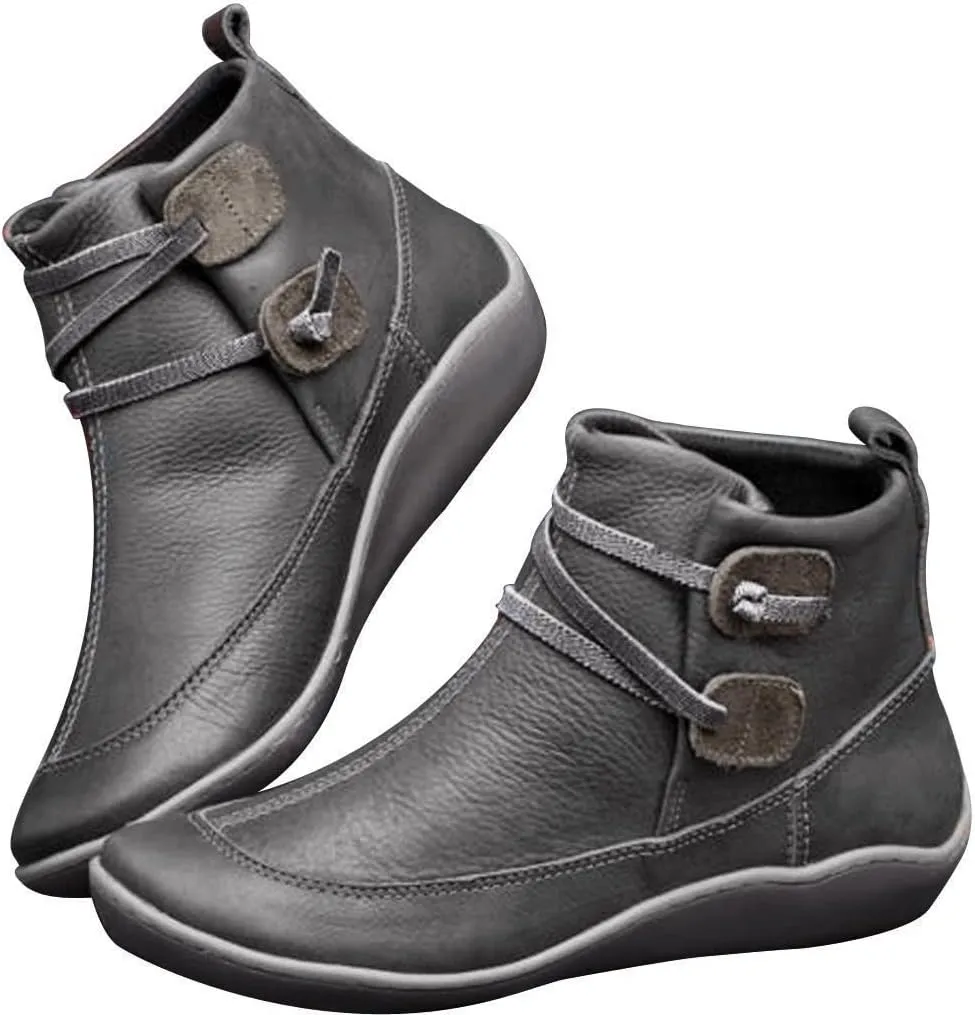 Women's Ankle Booties Fashion Arch Support Flat Heel Boots Vintage Leather Side Zip up Booties with Fall Winter