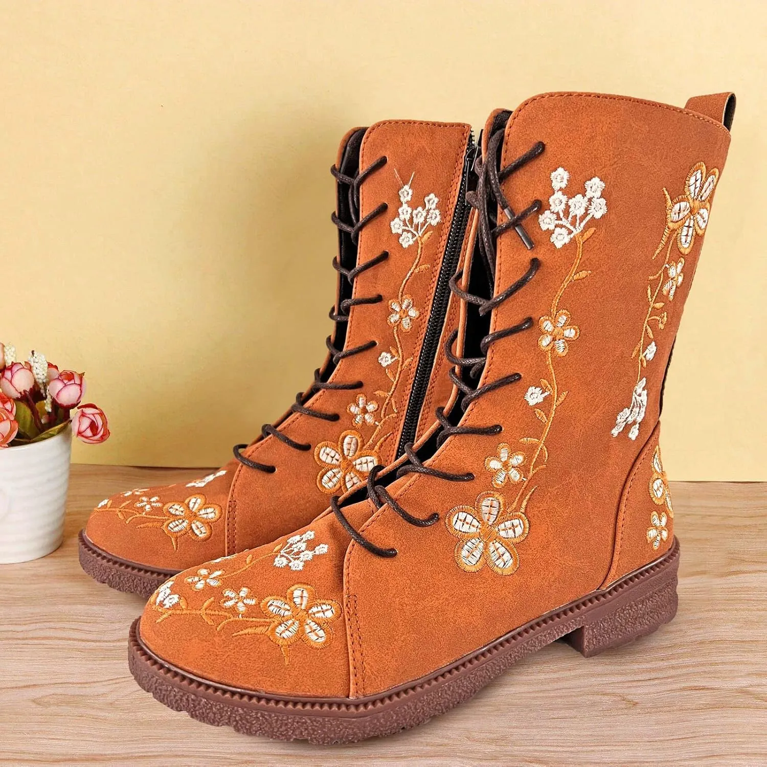 Womens Ankle Boots Western Boots Women Ladies Fashion Embroidered Mid Boots Women's Casual Chunky Heels Women's Boots
