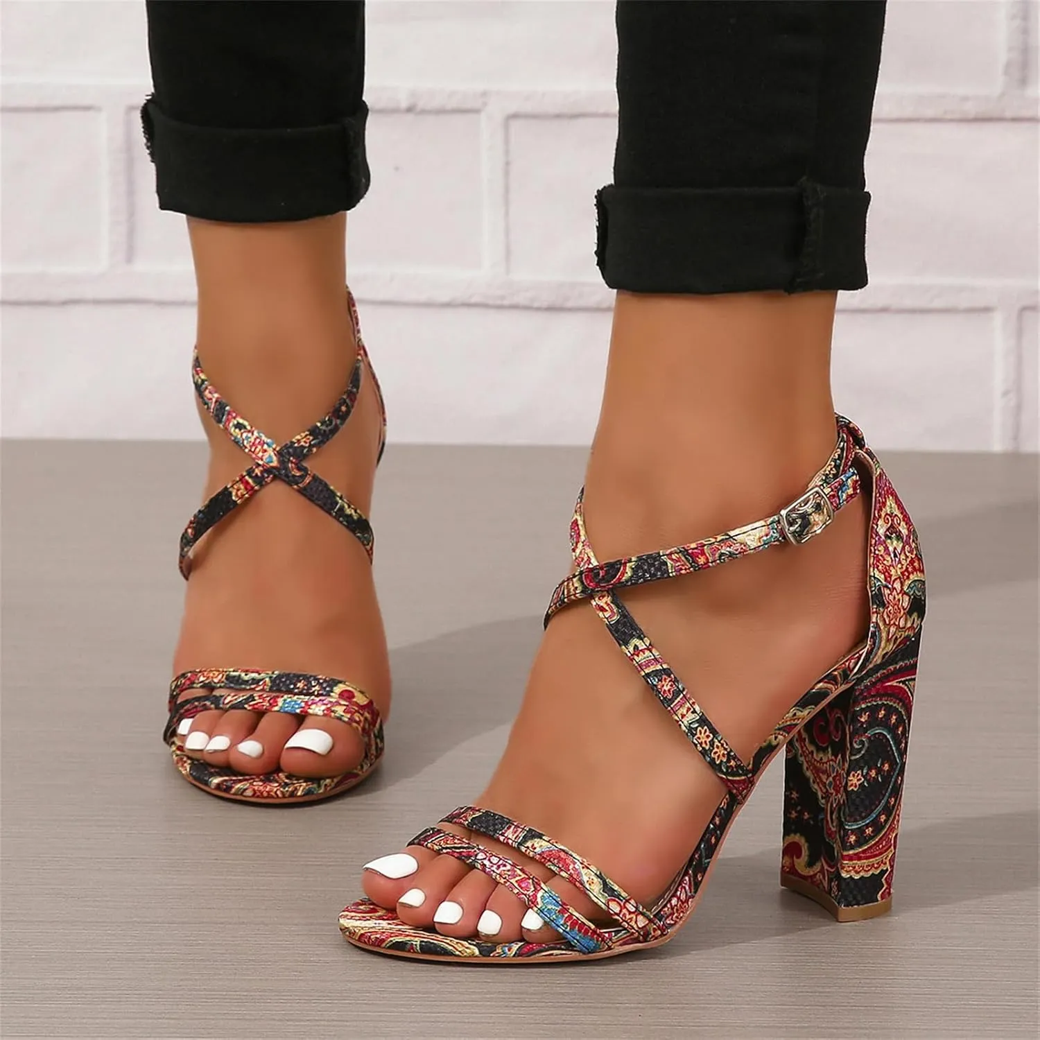 Women's Black Stacked Heeled Sandals Ankle Buckle Cutout Chunky Block Heel Open Toe Sandal Summer Dress Shoes Booties