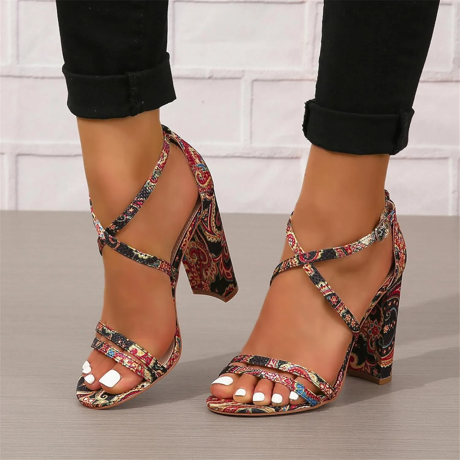 Women's Black Stacked Heeled Sandals Ankle Buckle Cutout Chunky Block Heel Open Toe Sandal Summer Dress Shoes Booties