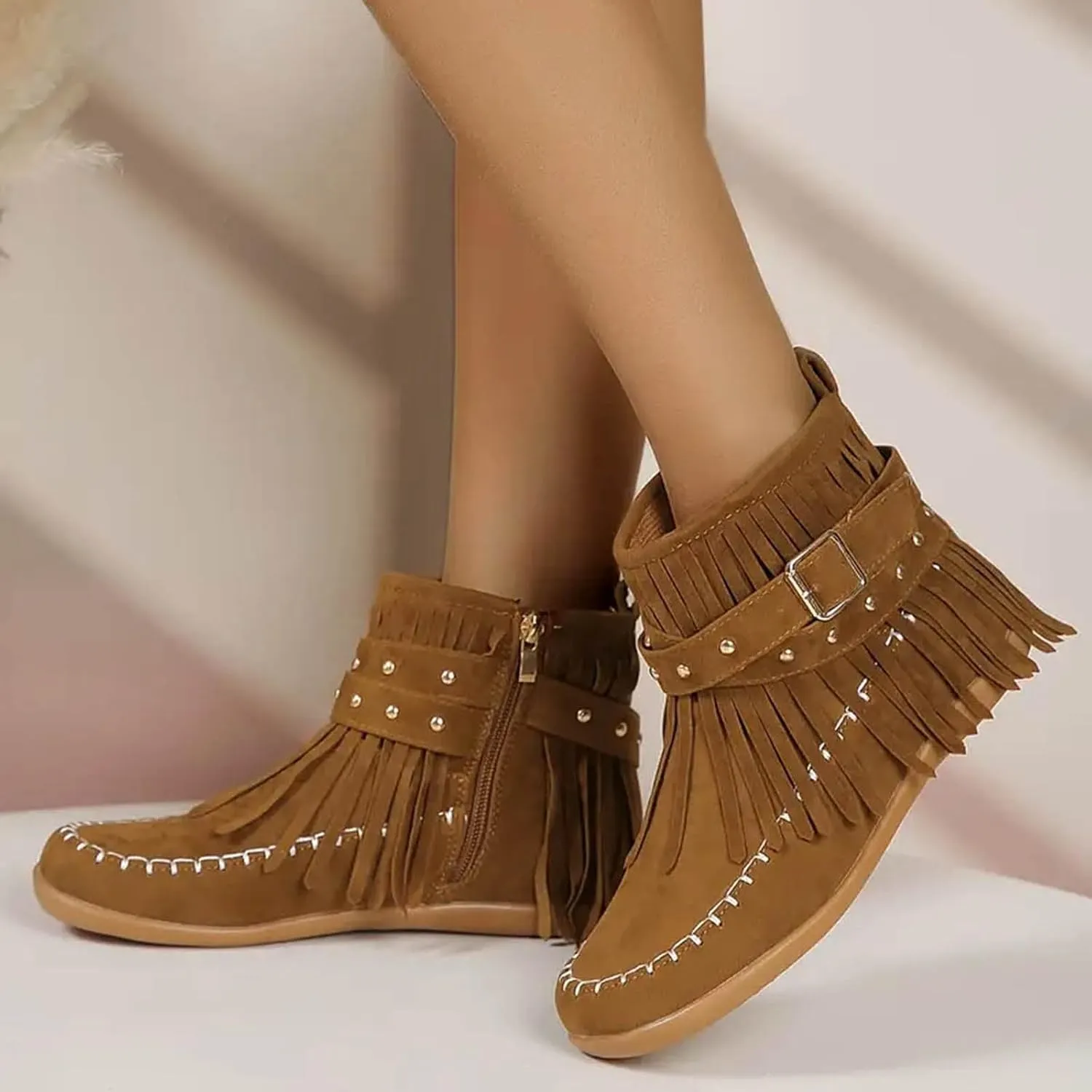 Womens Booties and Ankle Boots Flat Boots for Women Women's Fashion Color Matching Fringe Tassel Boots for Women