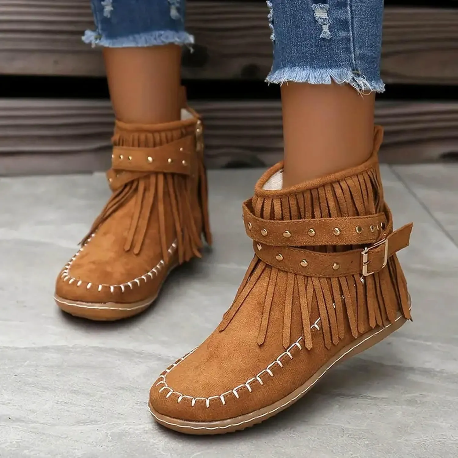 Womens Booties and Ankle Boots Flat Boots for Women Women's Fashion Color Matching Fringe Tassel Boots for Women