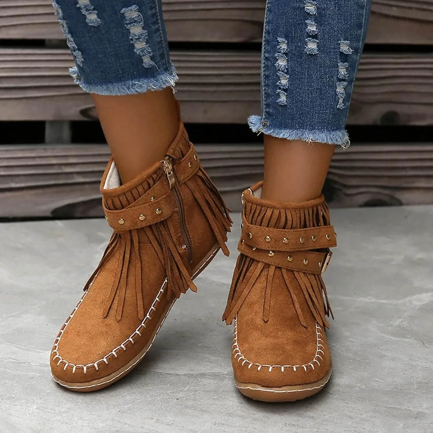 Womens Booties and Ankle Boots Flat Boots for Women Women's Fashion Color Matching Fringe Tassel Boots for Women