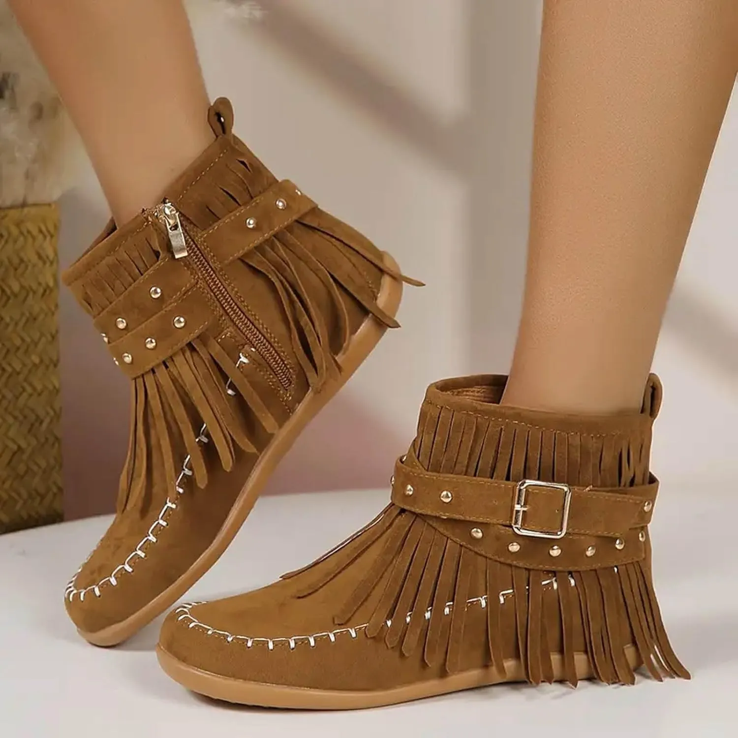 Womens Booties and Ankle Boots Flat Boots for Women Women's Fashion Color Matching Fringe Tassel Boots for Women