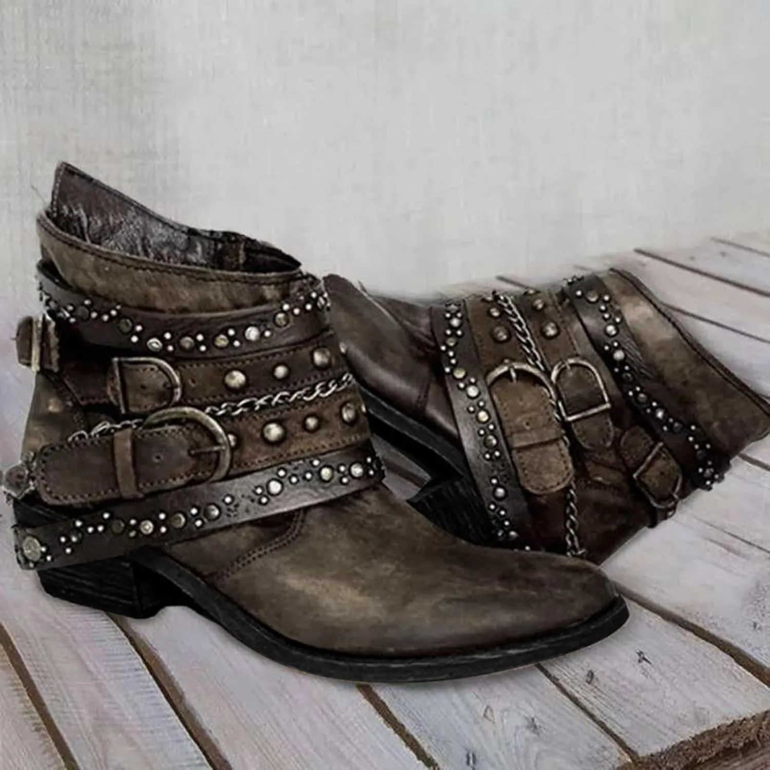 Women's Boots Ankle Womens Booties Fall Brown Leather Boots Men Womens Bootie Low Heel Lightweight Breathable Closed Pointed Toe Low Block Heel Zip Up