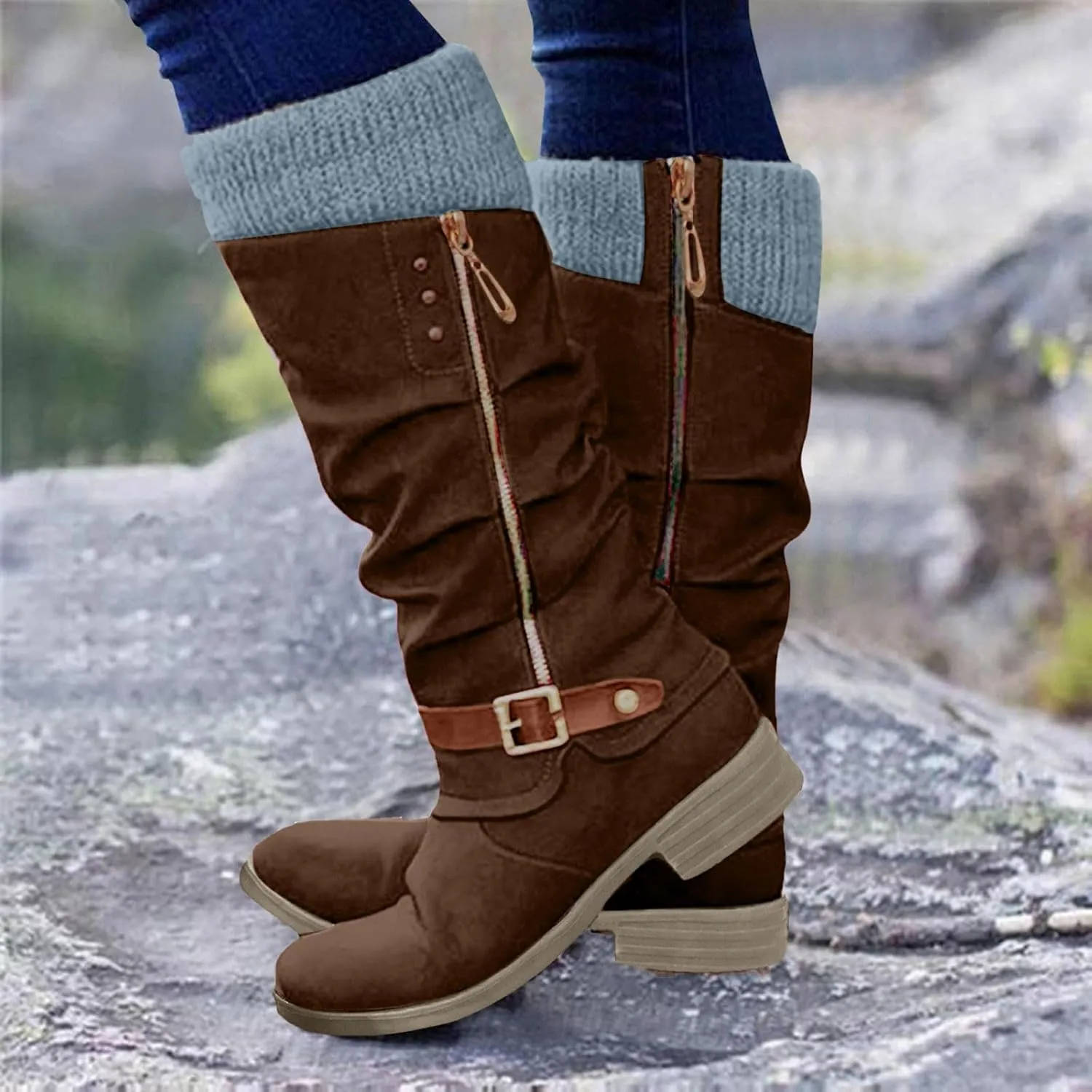Womens Boots Fall Knee High Boots Women Low Heel Winter Boots for Women Casual Zipper Winter Tall Boots Low Heels