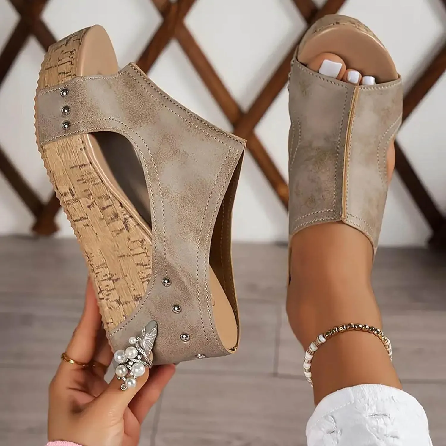 Womens Comfy Wedge Orthopedic Sandals for Women Dressy Summer Platform Cork Women's Wedges Sandal Ankle Strap Ladies Comfortable Strappy Casual Shoes for Daily Wear