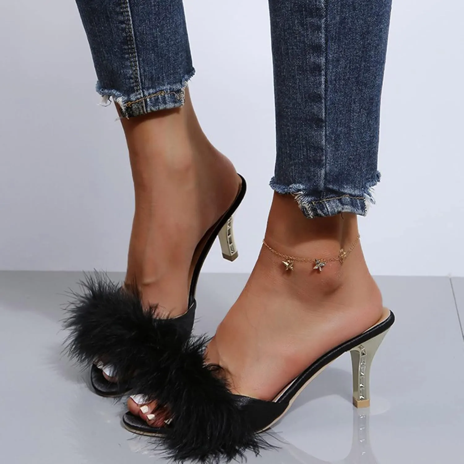 Women's High Heels Slippers Trendy Fluffy Open Toed Heeled Sandals Cute Fuzzy Dress Shoes for Birthday Party