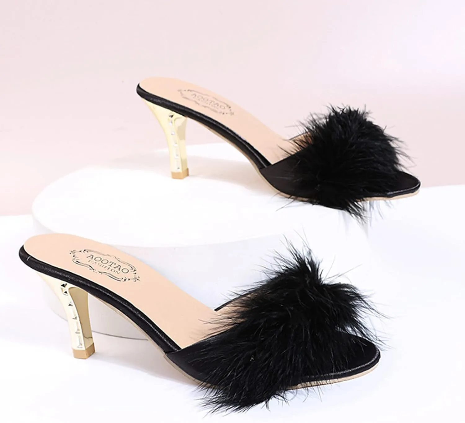 Women's High Heels Slippers Trendy Fluffy Open Toed Heeled Sandals Cute Fuzzy Dress Shoes for Birthday Party