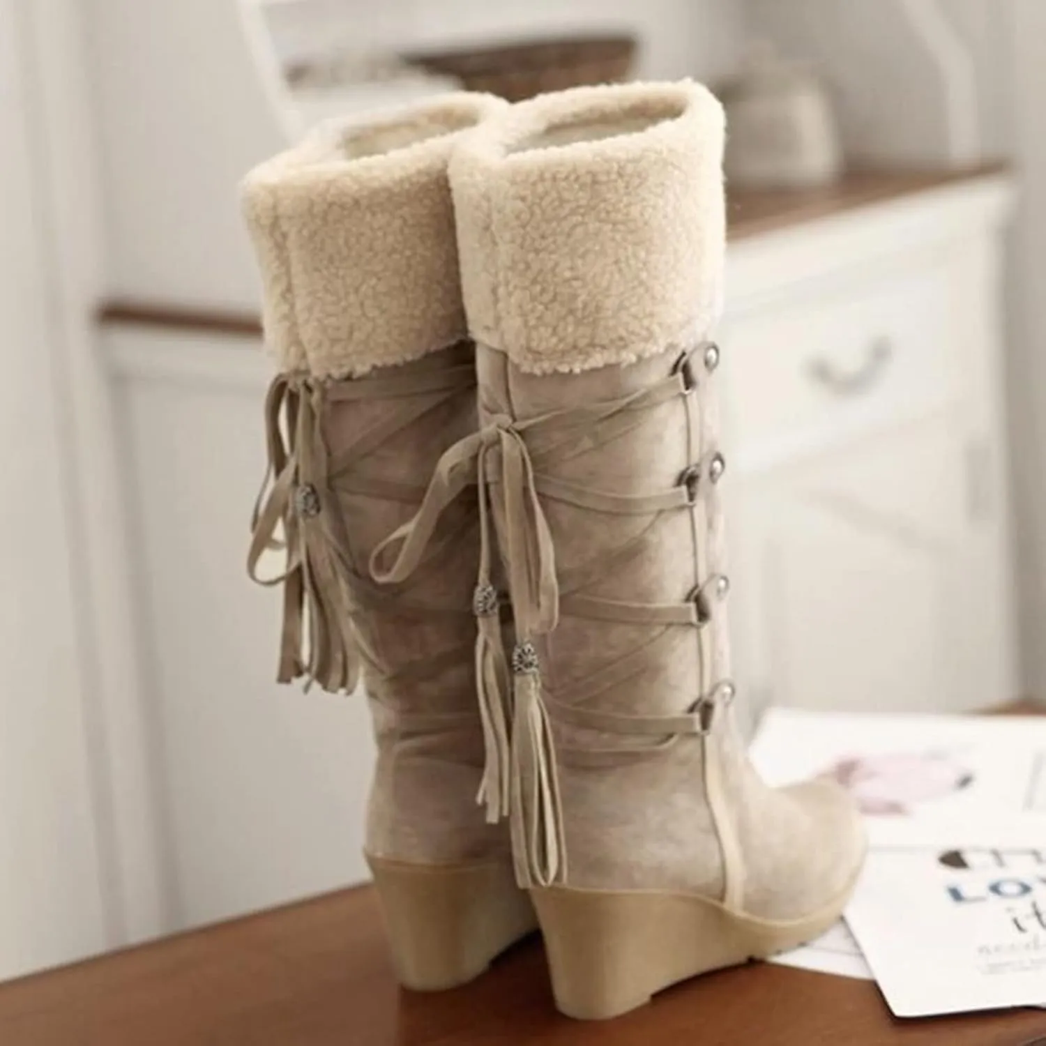 Womens Knee High Boots Over the Knee Boots Winter Warm Lace up Snow Boots for Women Cotton Wedge Heel Long Tall Boots