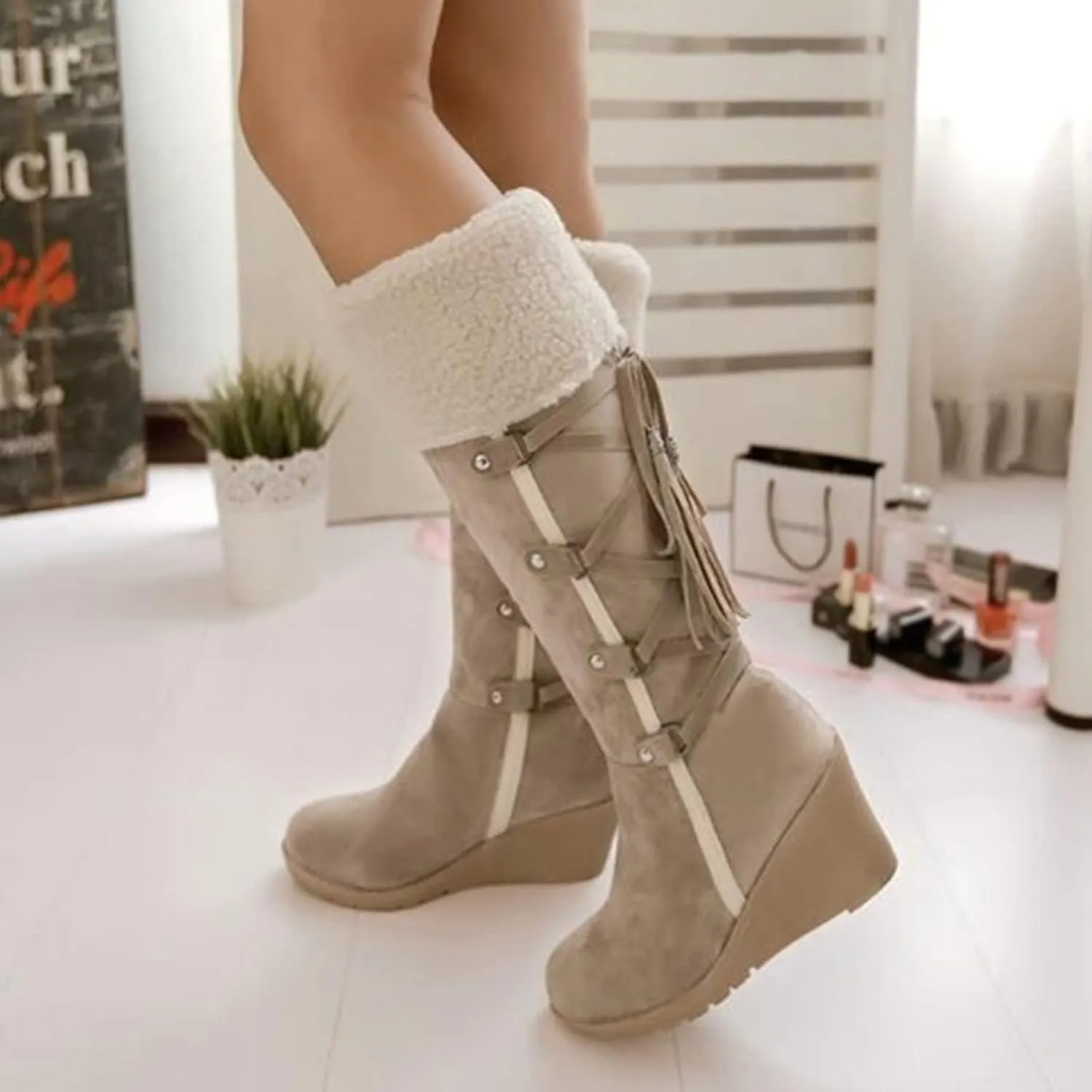 Womens Knee High Boots Over the Knee Boots Winter Warm Lace up Snow Boots for Women Cotton Wedge Heel Long Tall Boots