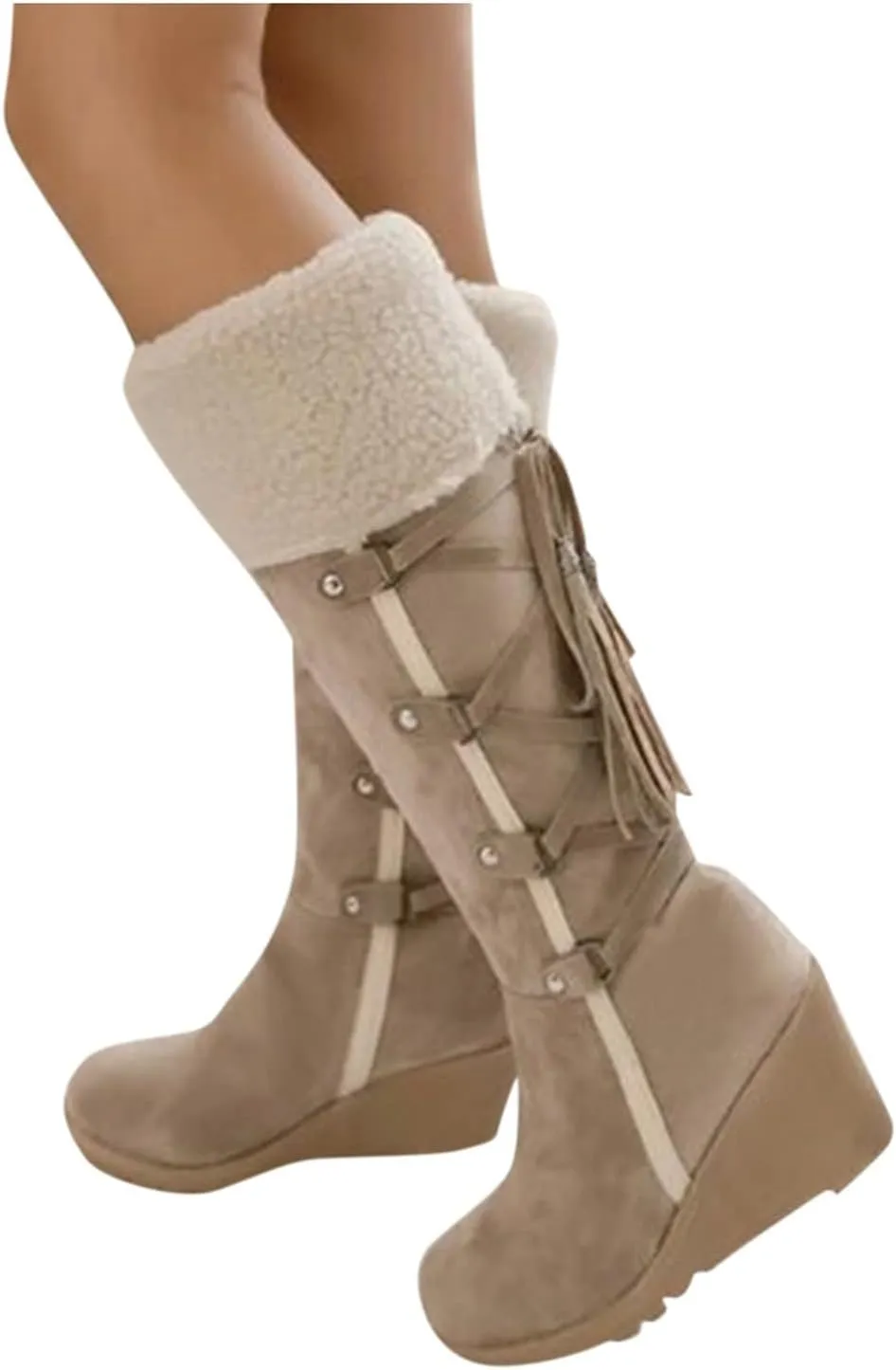 Womens Knee High Boots Over the Knee Boots Winter Warm Lace up Snow Boots for Women Cotton Wedge Heel Long Tall Boots