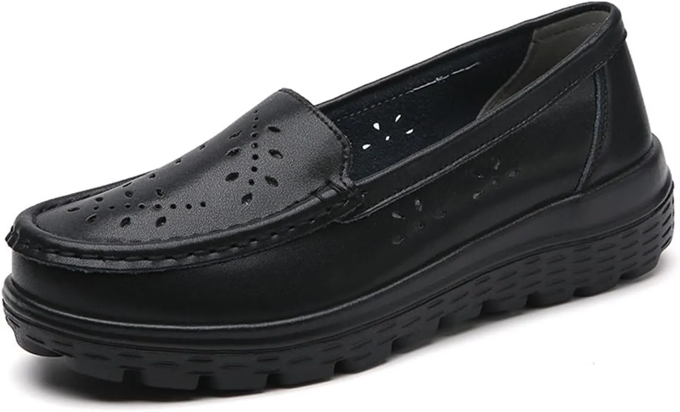 Women's Lightweight Nurse Shoe, Women Casual Summer Hollow Breathable Leather Slip on Nursing Shoes, Comfort Air Cushion Platform Orthopedic Heel Loafers, for Hospital Work