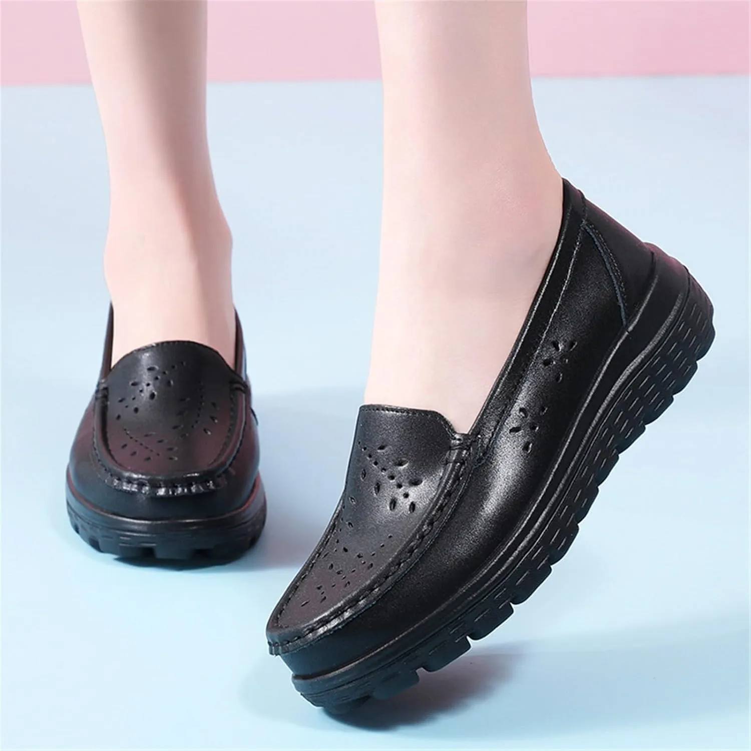Women's Lightweight Nurse Shoe, Women Casual Summer Hollow Breathable Leather Slip on Nursing Shoes, Comfort Air Cushion Platform Orthopedic Heel Loafers, for Hospital Work