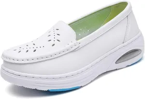 Women's Lightweight Nurse Shoe, Women Casual Summer Hollow Breathable Leather Slip on Nursing Shoes, Comfort Air Cushion Platform Orthopedic Heel Loafers, for Hospital Work