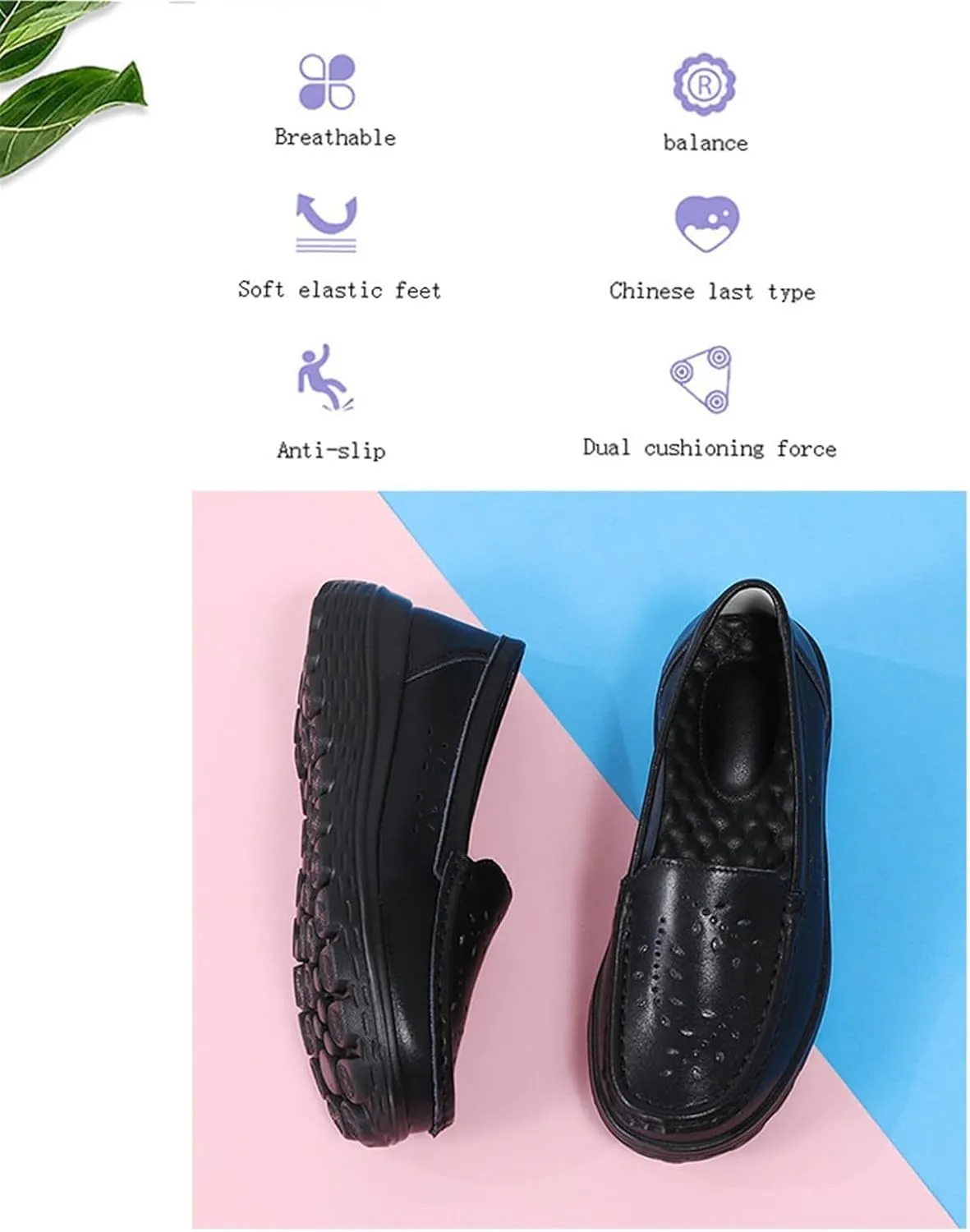 Women's Lightweight Nurse Shoe, Women Casual Summer Hollow Breathable Leather Slip on Nursing Shoes, Comfort Air Cushion Platform Orthopedic Heel Loafers, for Hospital Work
