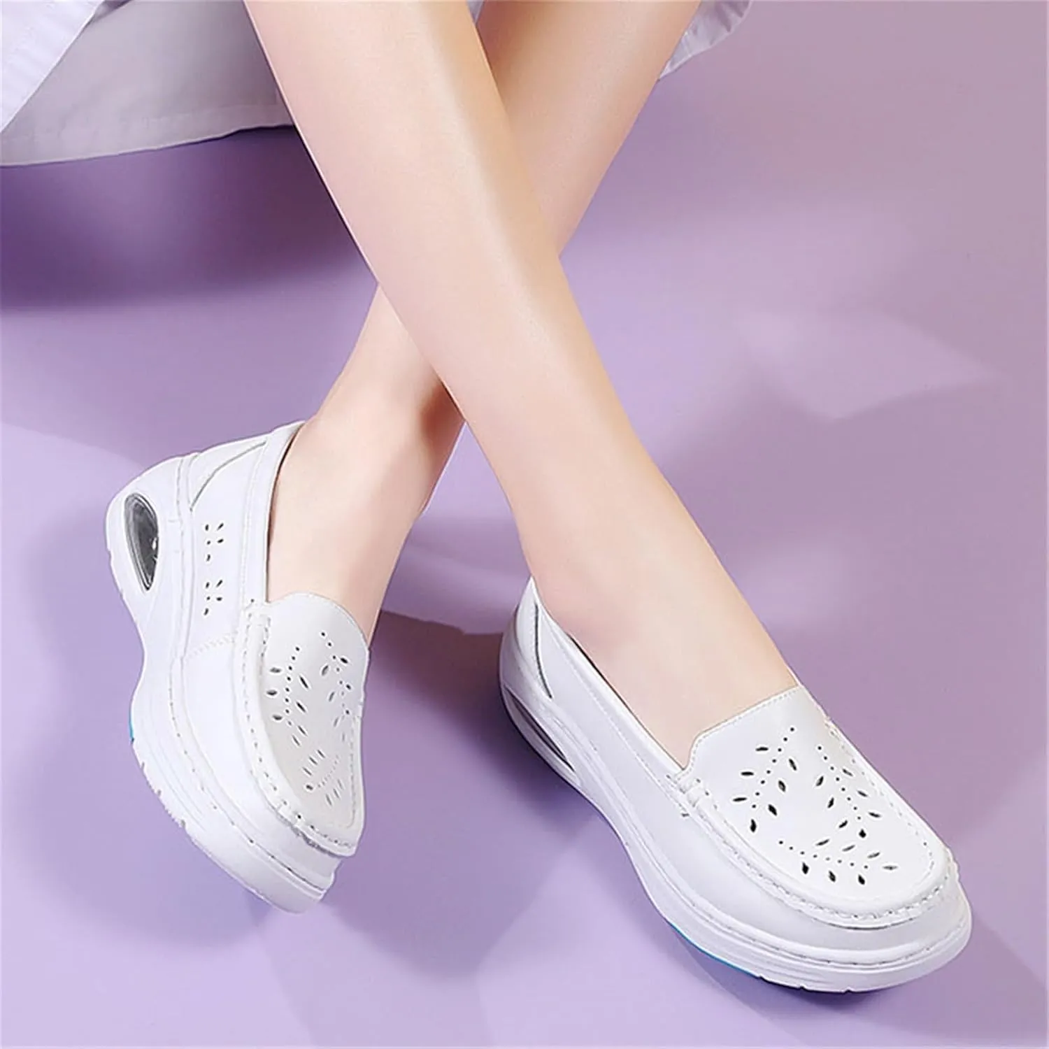 Women's Lightweight Nurse Shoe, Women Casual Summer Hollow Breathable Leather Slip on Nursing Shoes, Comfort Air Cushion Platform Orthopedic Heel Loafers, for Hospital Work