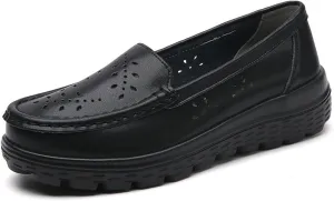 Women's Lightweight Nurse Shoe, Women Casual Summer Hollow Breathable Leather Slip on Nursing Shoes, Comfort Air Cushion Platform Orthopedic Heel Loafers, for Hospital Work