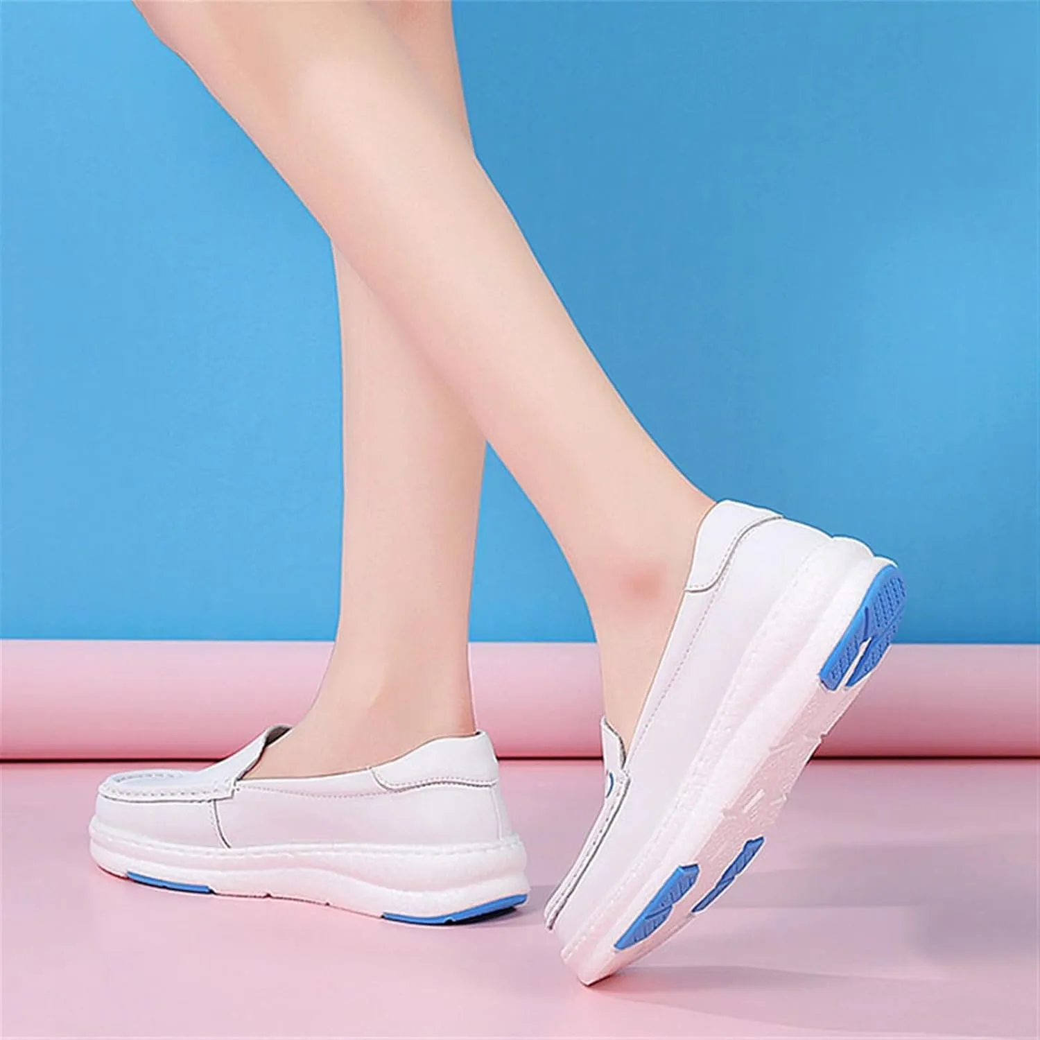 Womens Non Slip Nursing Shoes, Women's Leather Work Wide Fit Comfy Air Cushion Breathable Nursing Shoes, Slip-On Height Increase Orthopedic Shoes, for Medical Care