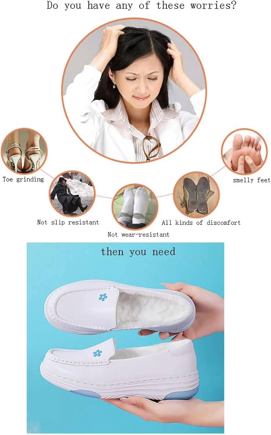 Women's Orthopedic Air Cushion Shoes, Winter Women Slip-On White Warm Plush Nursing Shoes, Nurse Hospital Work Leather Loafers, Ideal for Nurse Healthcare Crews