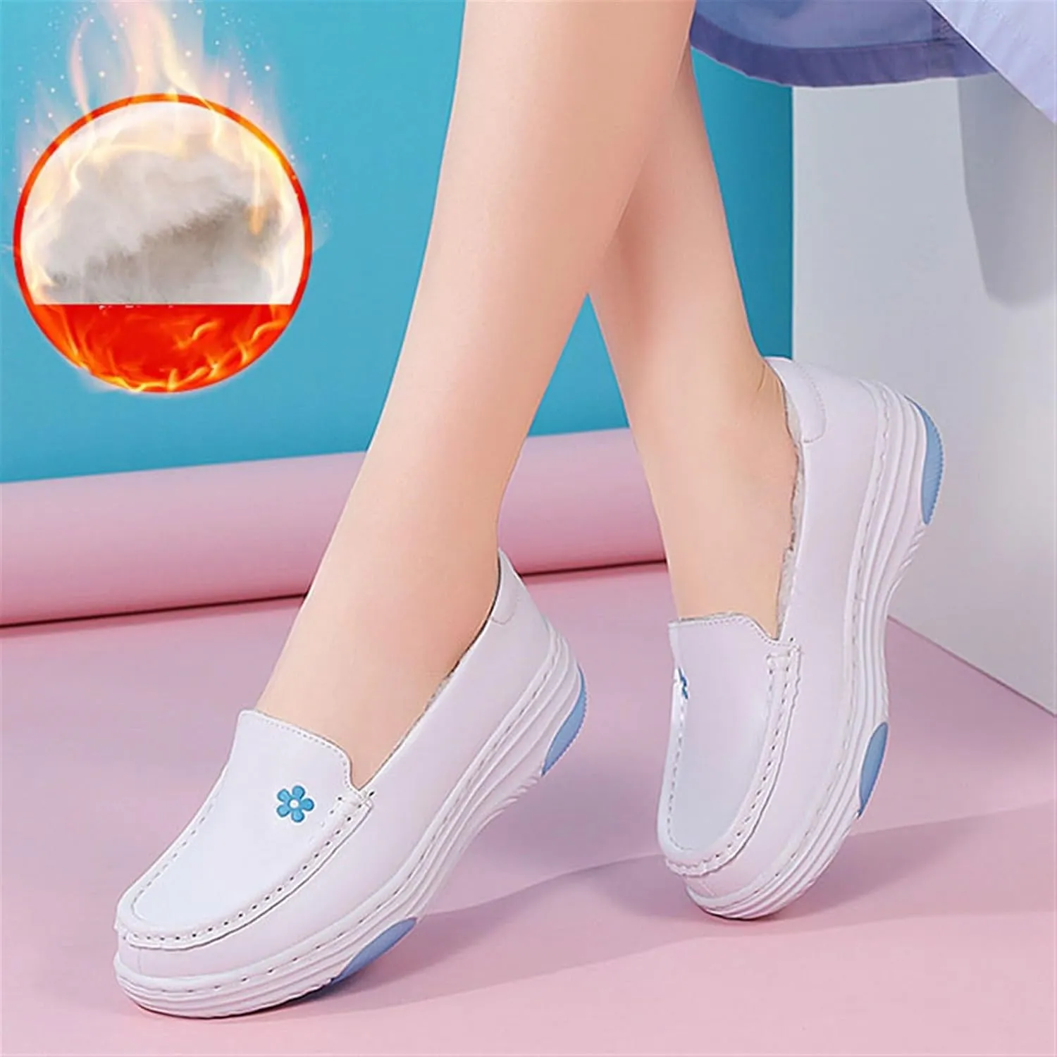 Women's Orthopedic Air Cushion Shoes, Winter Women Slip-On White Warm Plush Nursing Shoes, Nurse Hospital Work Leather Loafers, Ideal for Nurse Healthcare Crews