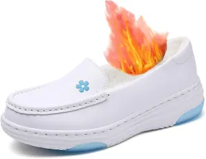 Women's Orthopedic Air Cushion Shoes, Winter Women Slip-On White Warm Plush Nursing Shoes, Nurse Hospital Work Leather Loafers, Ideal for Nurse Healthcare Crews