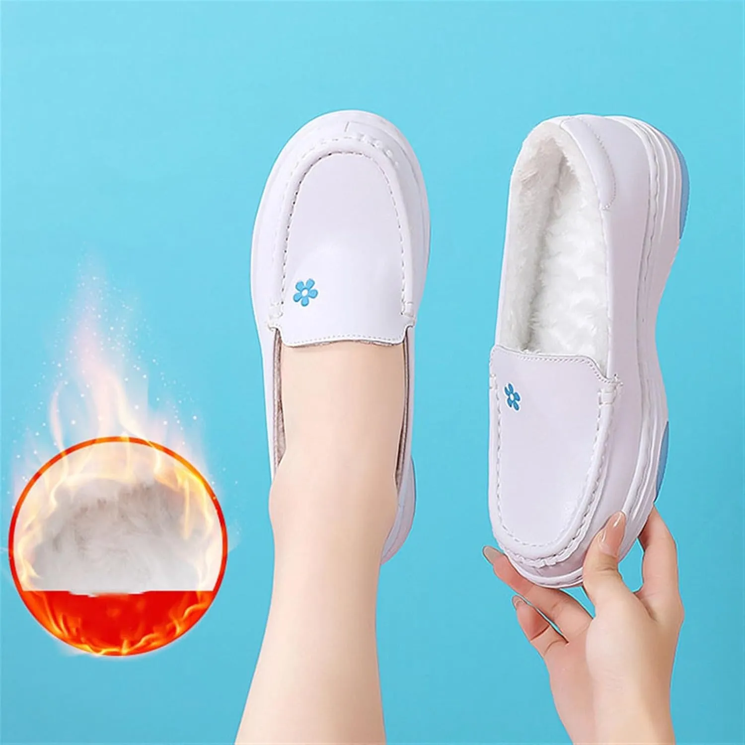 Women's Orthopedic Air Cushion Shoes, Winter Women Slip-On White Warm Plush Nursing Shoes, Nurse Hospital Work Leather Loafers, Ideal for Nurse Healthcare Crews