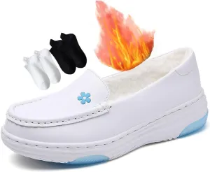 Women's Orthopedic Air Cushion Shoes, Winter Women Slip-On White Warm Plush Nursing Shoes, Nurse Hospital Work Leather Loafers, Ideal for Nurse Healthcare Crews