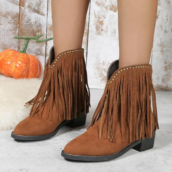 Women's Pointed Toe Tassel Chunky Heel Studded Short Boots 77390637S