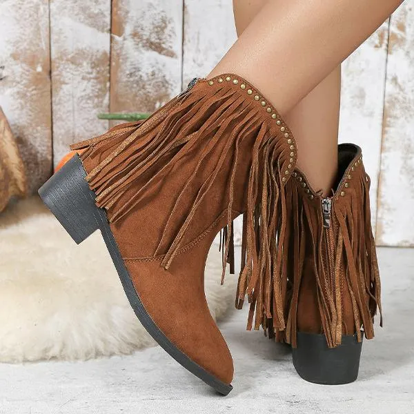 Women's Pointed Toe Tassel Chunky Heel Studded Short Boots 77390637S