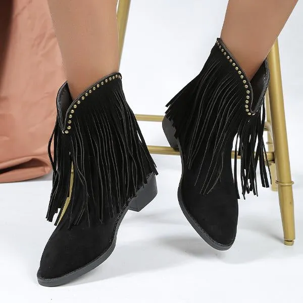 Women's Pointed Toe Tassel Chunky Heel Studded Short Boots 77390637S