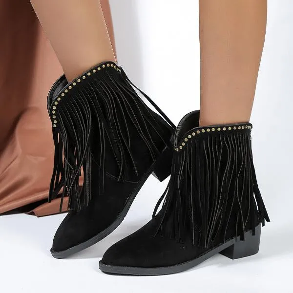 Women's Pointed Toe Tassel Chunky Heel Studded Short Boots 77390637S