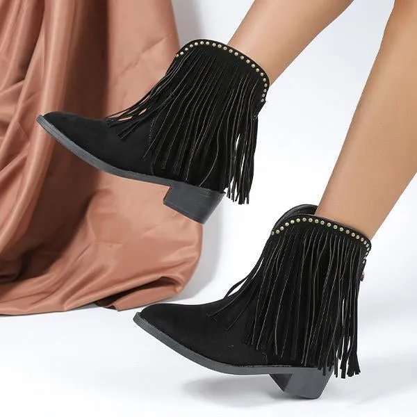Women's Pointed Toe Tassel Chunky Heel Studded Short Boots 77390637S