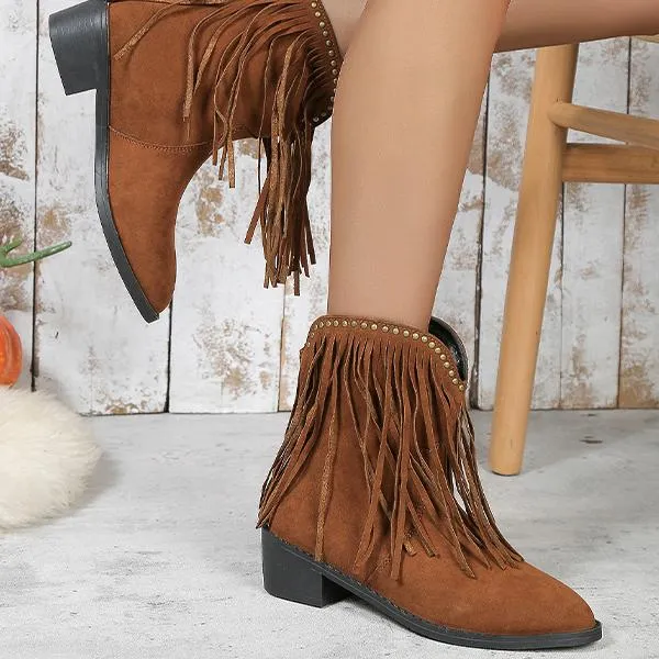 Women's Pointed Toe Tassel Chunky Heel Studded Short Boots 77390637S