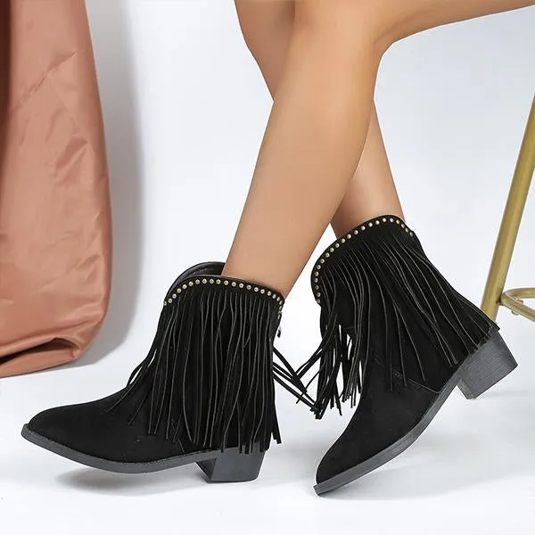 Women's Pointed Toe Tassel Chunky Heel Studded Short Boots 77390637S