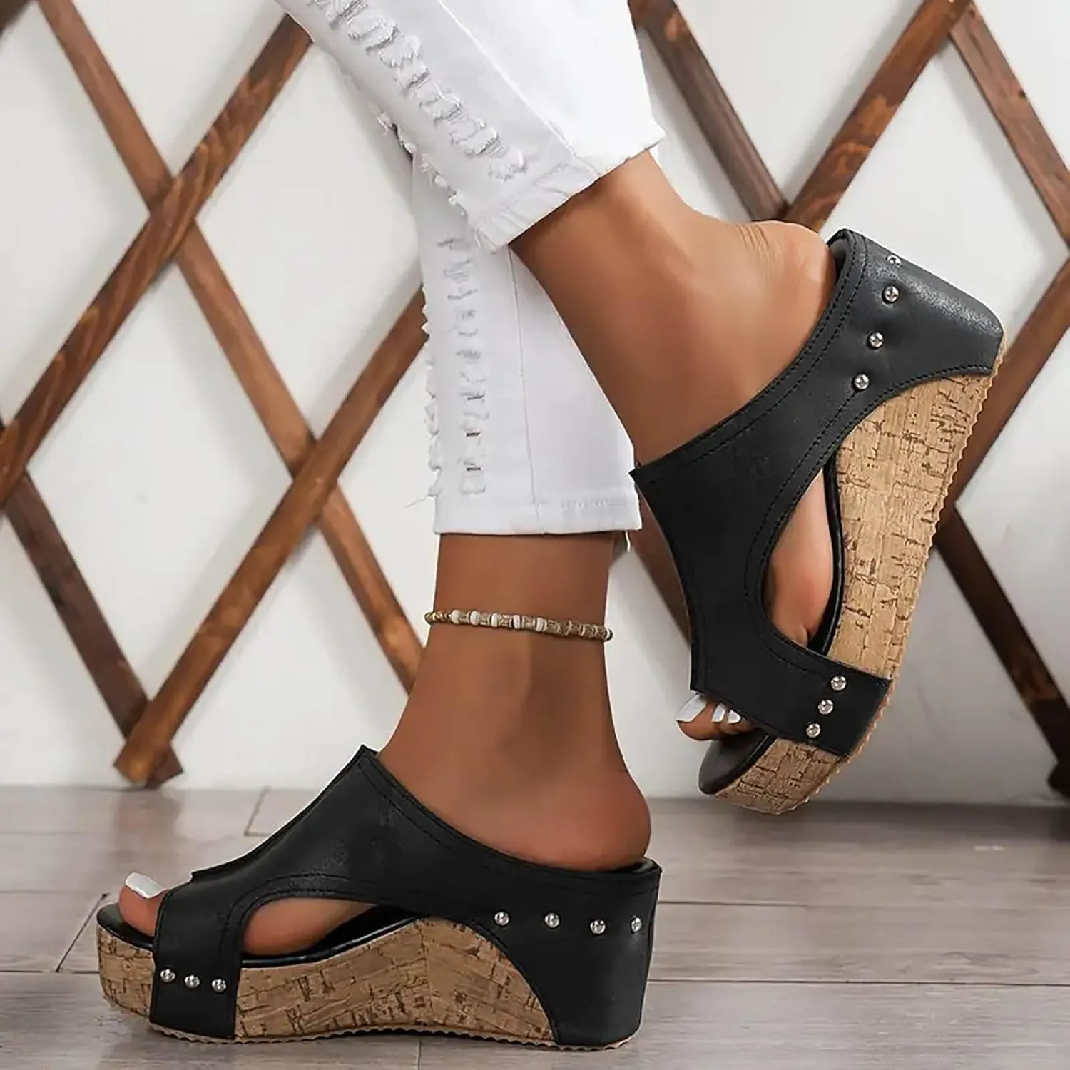 Women's Sandals Summer Beach Wedge Sandals Comfortable Platform Sandals Open Toe Buckle Ankle Strap Cork Shoes