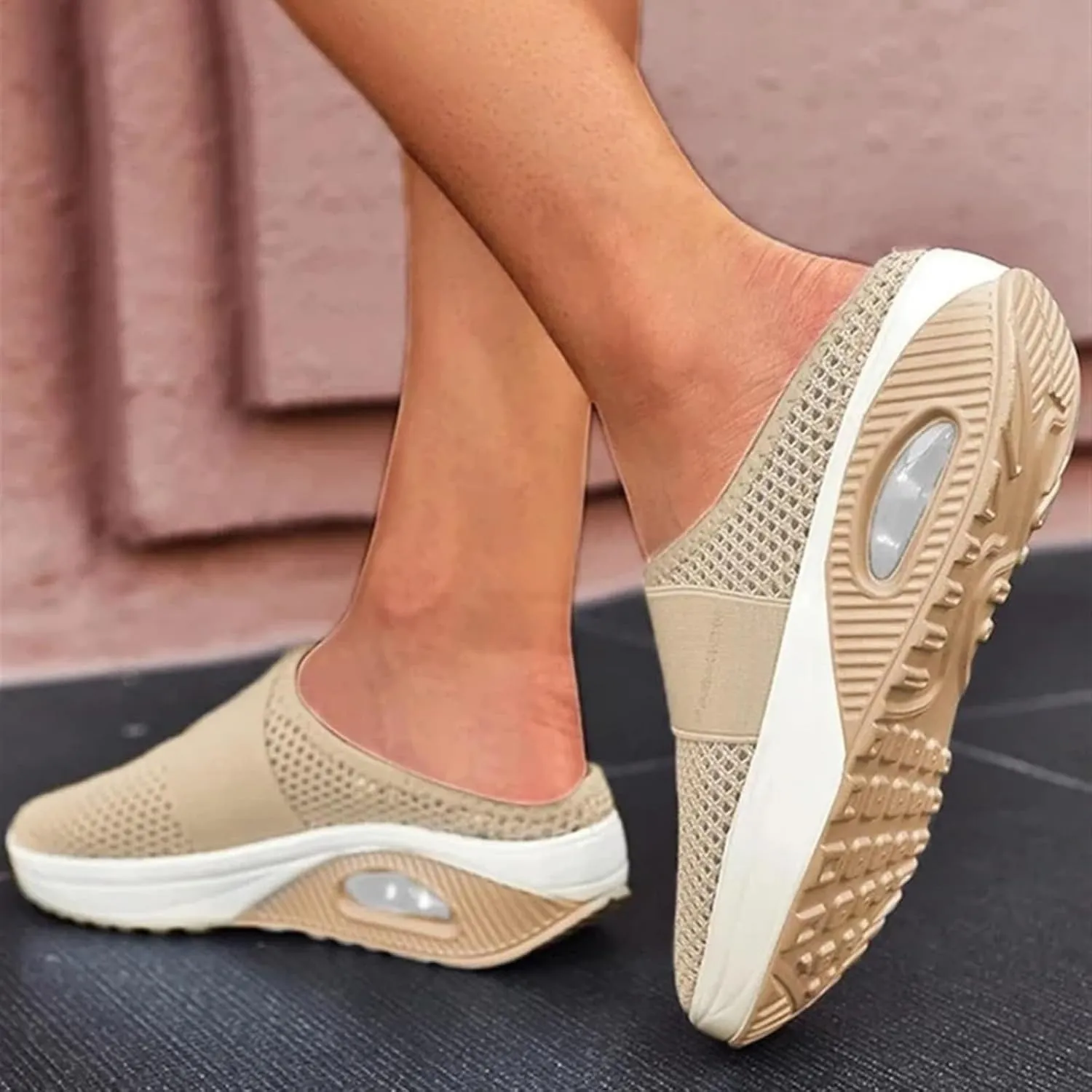 Womens Slip On Walking Shoes Air Cushion Orthopedic Diabetic Go Walk Shoes Breathable Platform Heel Slippers with Arch Support Casual Slippers