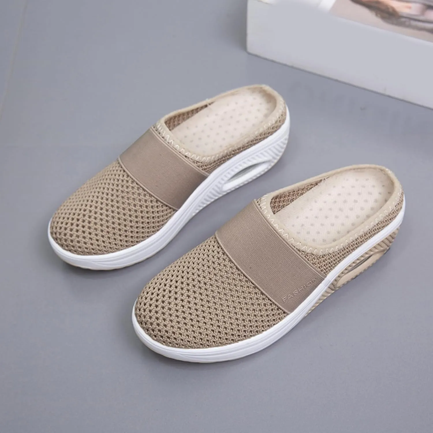 Womens Slip On Walking Shoes Air Cushion Orthopedic Diabetic Go Walk Shoes Breathable Platform Heel Slippers with Arch Support Casual Slippers
