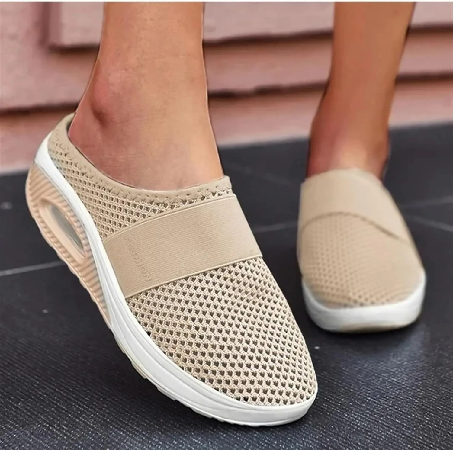 Womens Slip On Walking Shoes Air Cushion Orthopedic Diabetic Go Walk Shoes Breathable Platform Heel Slippers with Arch Support Casual Slippers