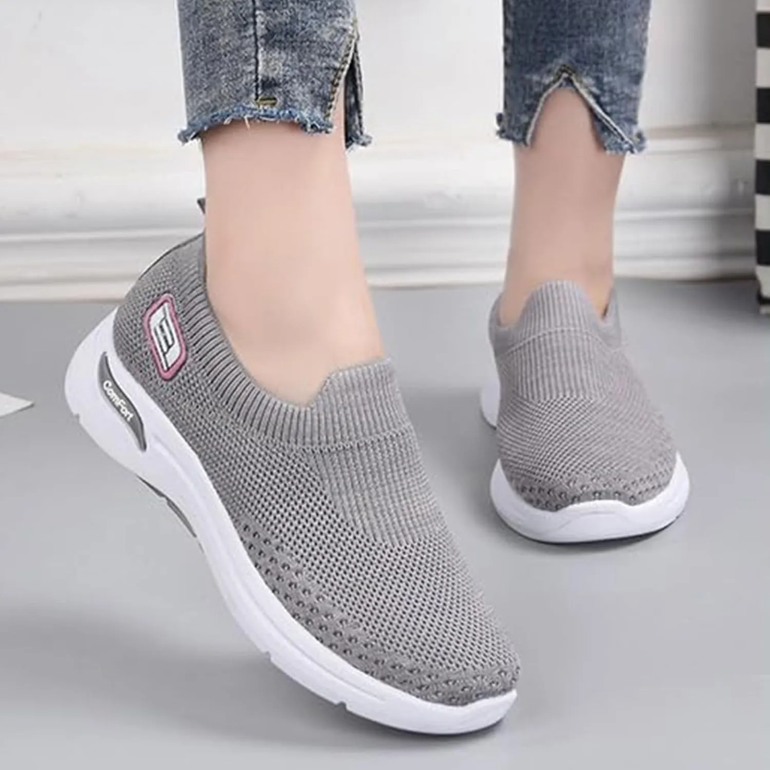 Womens Tennis Shoes Soft Knitted Fabric Mesh Casual Non Slip Sneakers Breathable Lightweight with Arch Support Slip On Walking Shoes Comfort Wear Orthowear Shoe