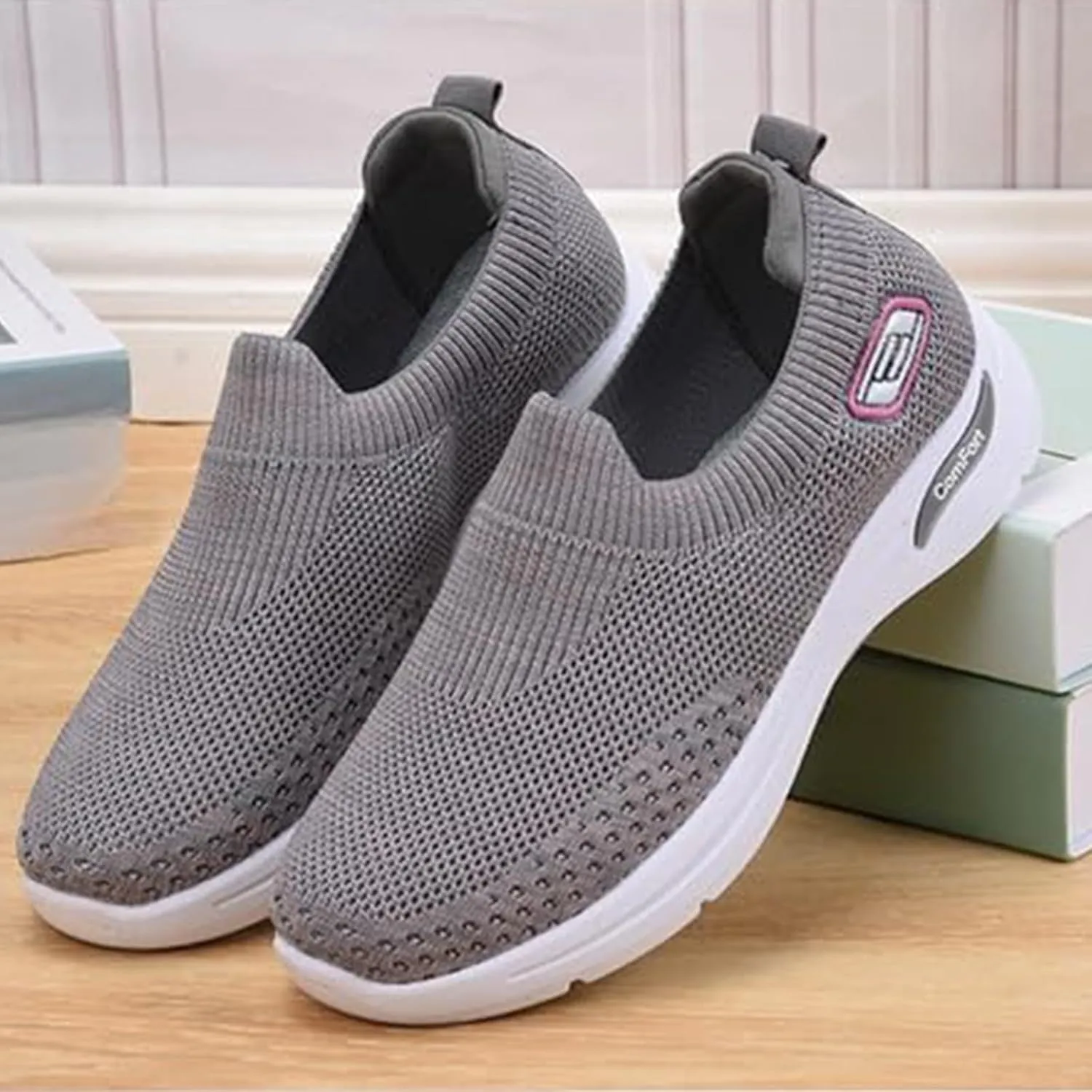Womens Tennis Shoes Soft Knitted Fabric Mesh Casual Non Slip Sneakers Breathable Lightweight with Arch Support Slip On Walking Shoes Comfort Wear Orthowear Shoe