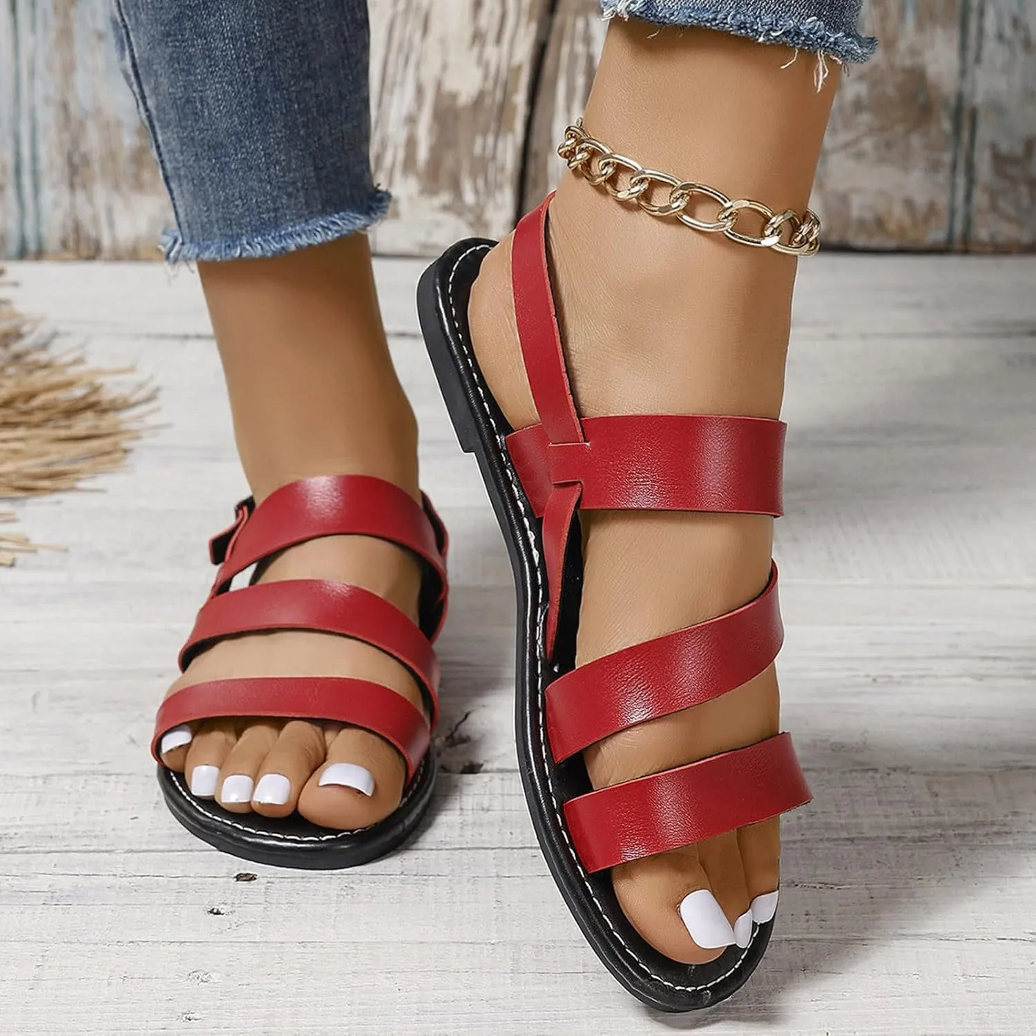 Women's Thick Strappy Casual Sandal Hook and Eye Summer Spring Flats Comfy Beach Vacation Shoe Solid Simple