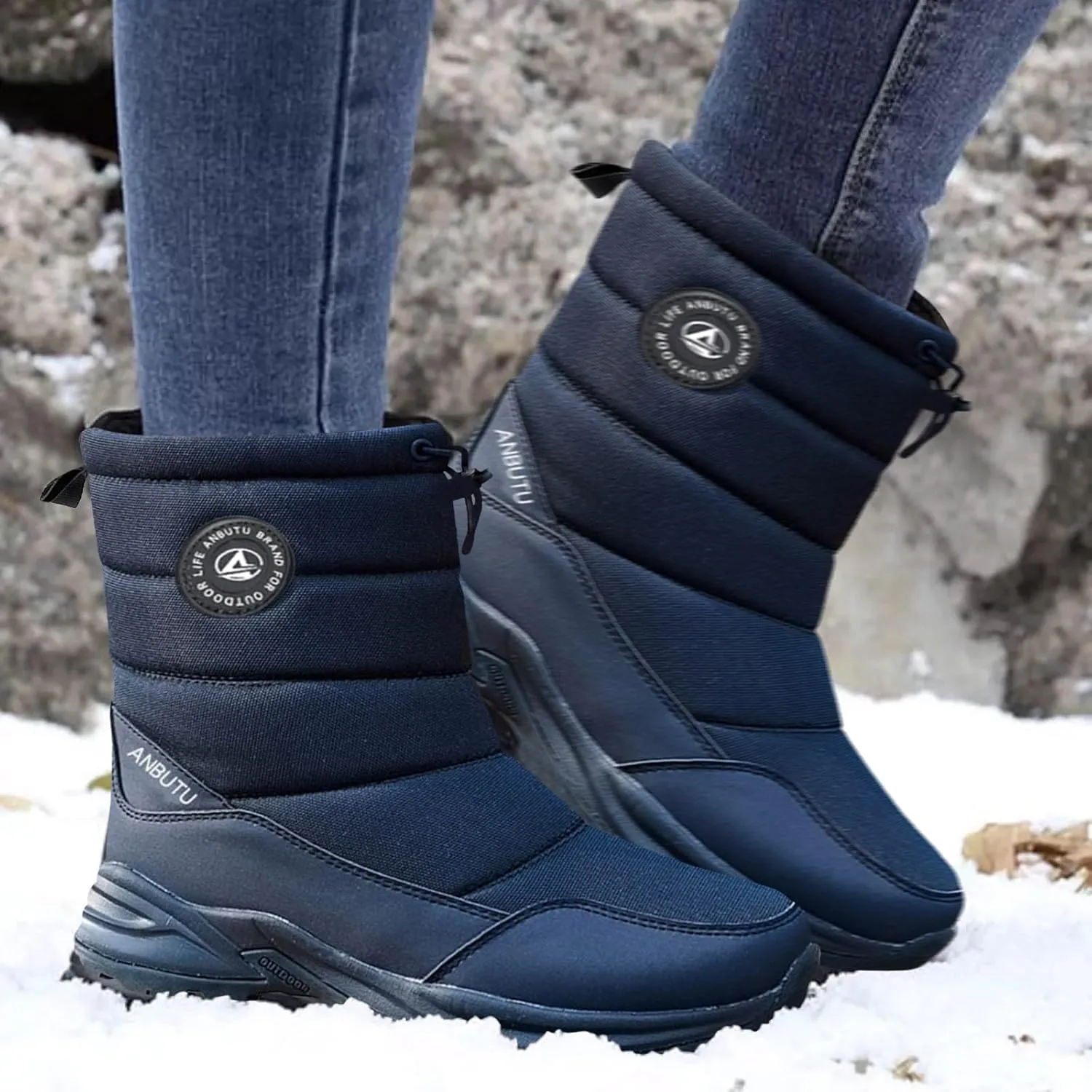 Womens Winter Snow Boots Pull On Puff Waterproof Thick Sole Faux Fur Lined Winter Rain Snow Boots