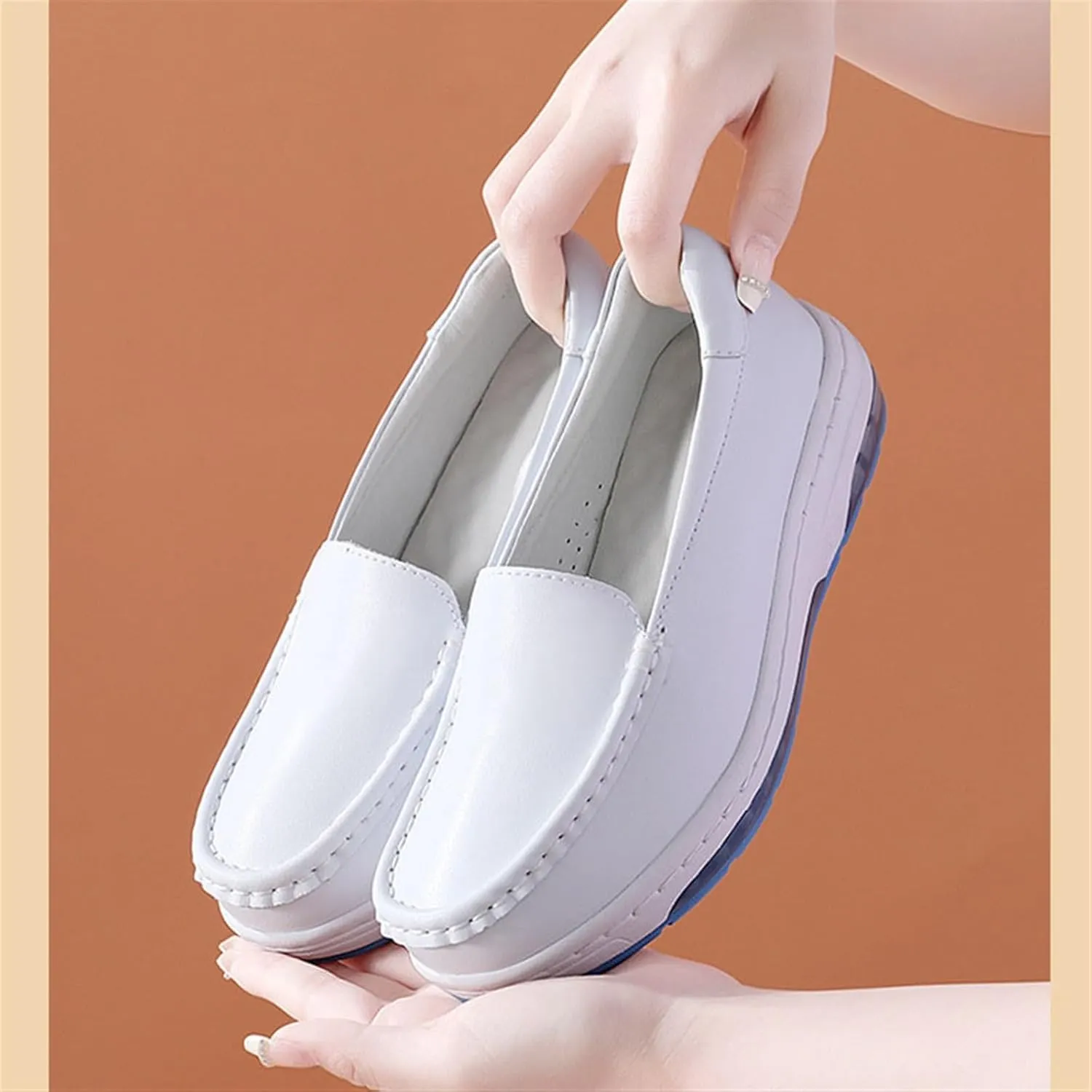 Yytcsjz Women Comfortable Nurse Shoe, Women's Slip on White Air Cushion Non Slip Breathable Nursing Shoes, Casual Leather Comfy Orthopedic Wedge Platform Loafers Sneaker, for Hospital Work