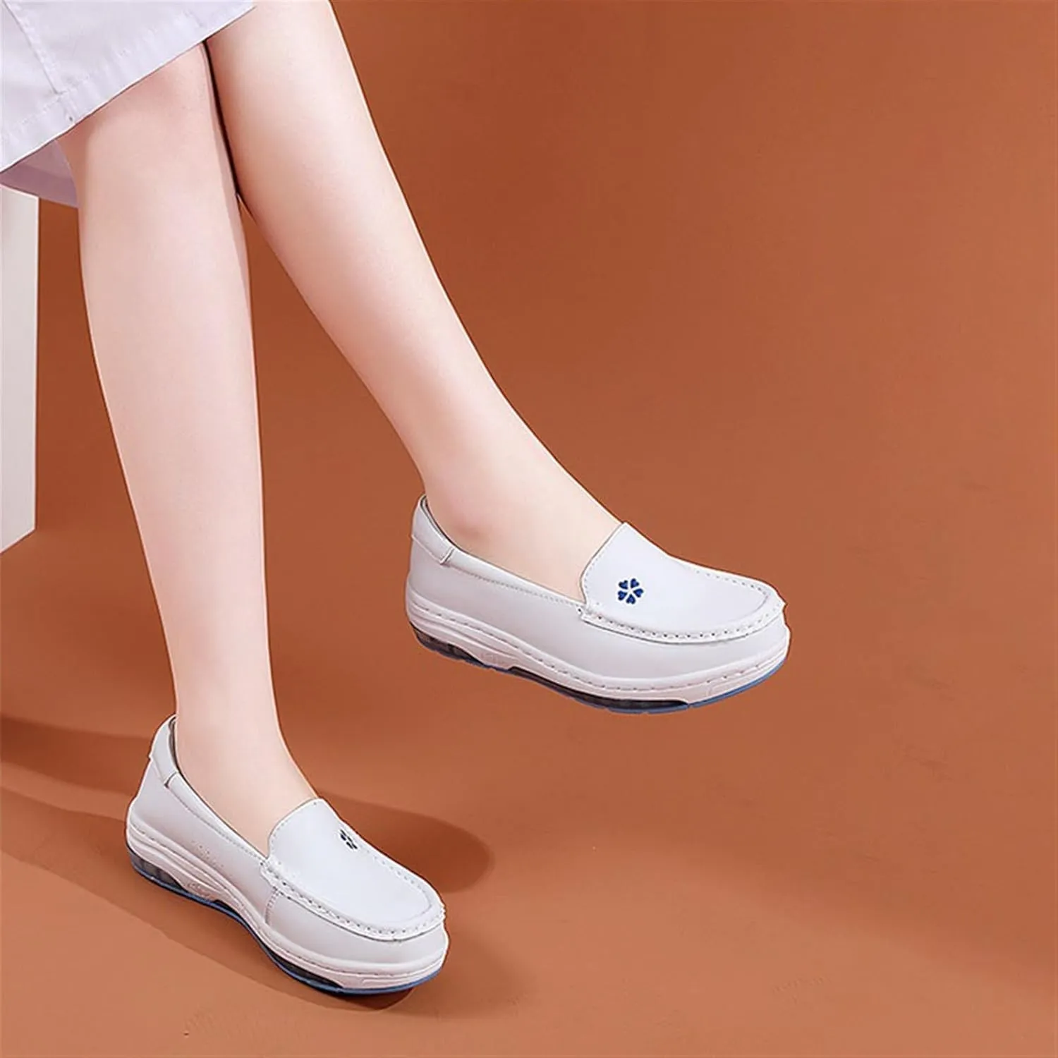 Yytcsjz Women Comfortable Nurse Shoe, Women's Slip on White Air Cushion Non Slip Breathable Nursing Shoes, Casual Leather Comfy Orthopedic Wedge Platform Loafers Sneaker, for Hospital Work