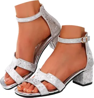 ZSpzx Heeled Sandals for Women Wide Width SquareToe Backless Sparkly Adjustable Strappy Chunky Block Sandal Ladies Orthopedic Cushion Footbed Non Slip Casual Shoes for Party Wedding Evening Cocktail