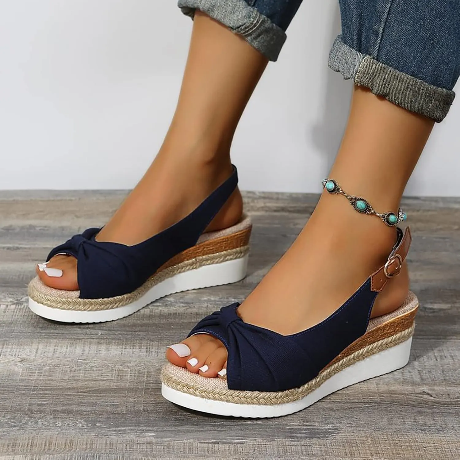 ZSpzx Orthopedic Sandals for Women,Womens Espadrilles Wedge Sandals 2025 Dressy Summer Slides Fish Mouth Platform Comfortable Slip on Bow Knot Open Toe Ankle Strap Beach Casual Walking Shoes