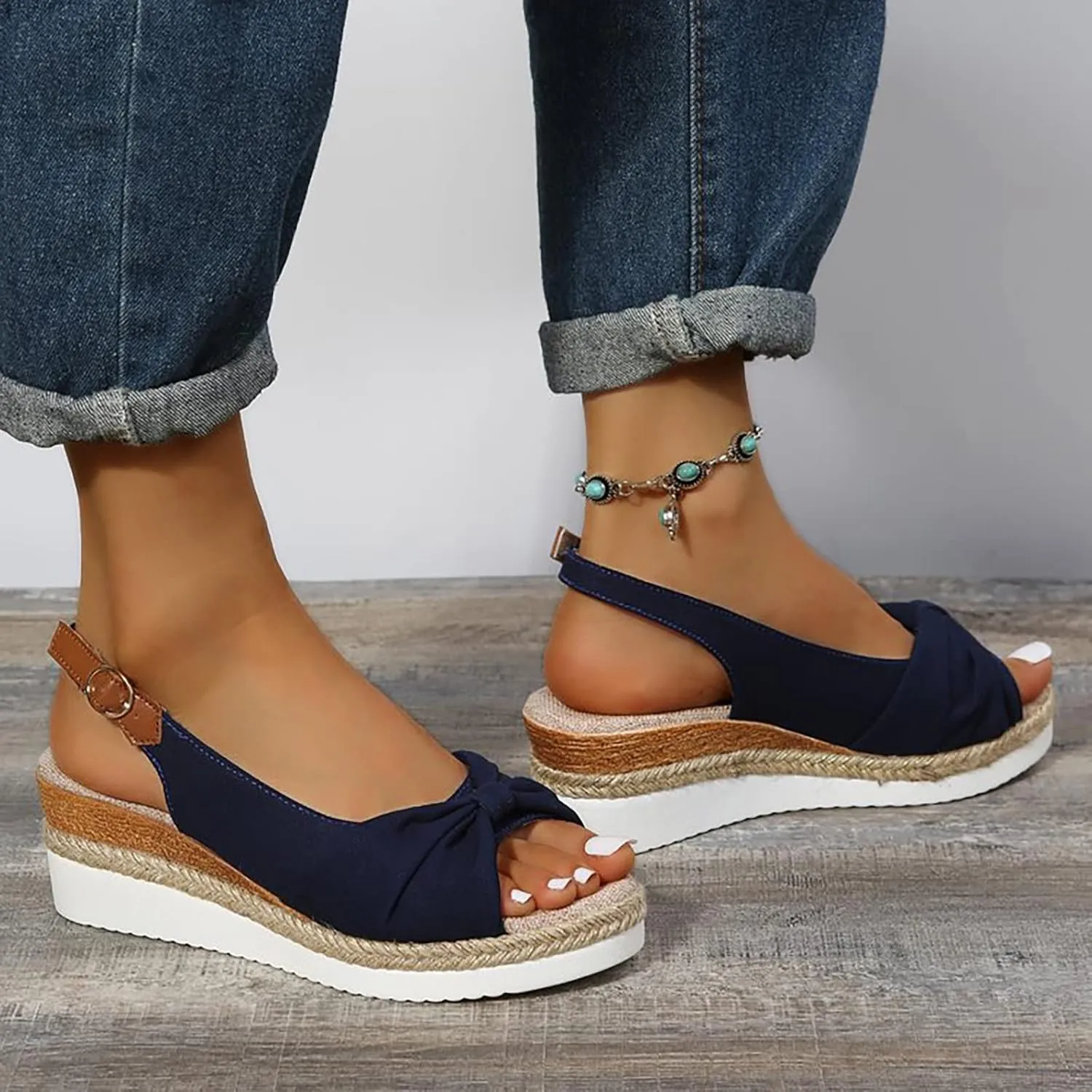 ZSpzx Orthopedic Sandals for Women,Womens Espadrilles Wedge Sandals 2025 Dressy Summer Slides Fish Mouth Platform Comfortable Slip on Bow Knot Open Toe Ankle Strap Beach Casual Walking Shoes